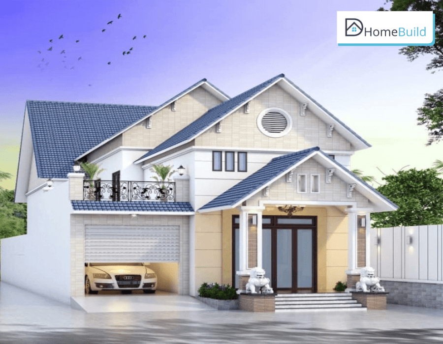 nha mai thai co gara Mẫu nhà mái Thái có gara cho ô tô 4 chỗ bên hông nhà